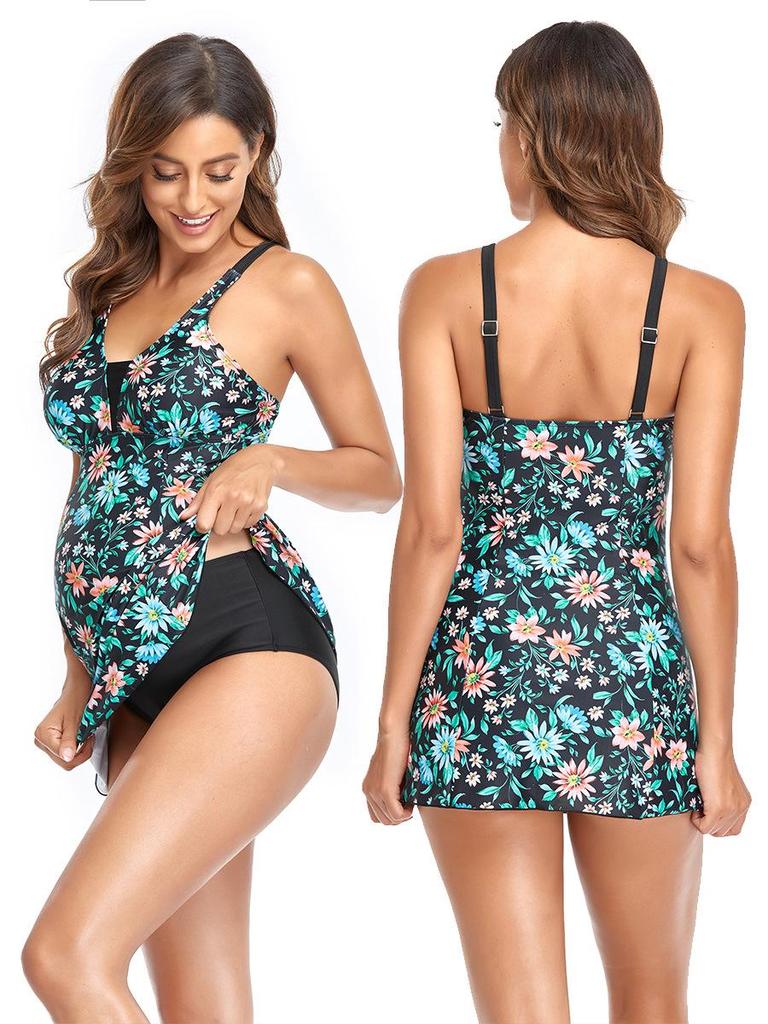 European & American Maternity Loose Split Skirt Bikini One-Piece Print Tankini Swimsuit.