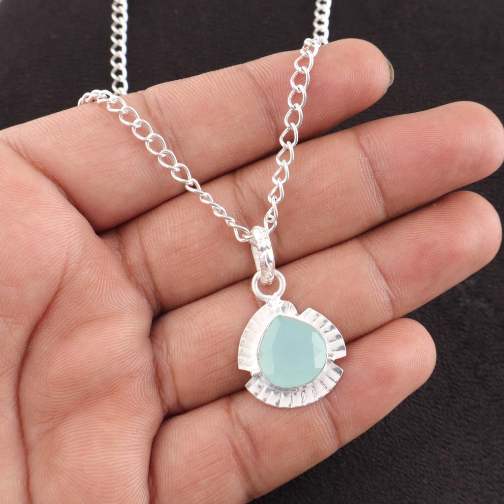 Akvakalsedon Edelstein 925 Sterlingsølv Smykker Håndlaget Anheng For Henne PP-8-17