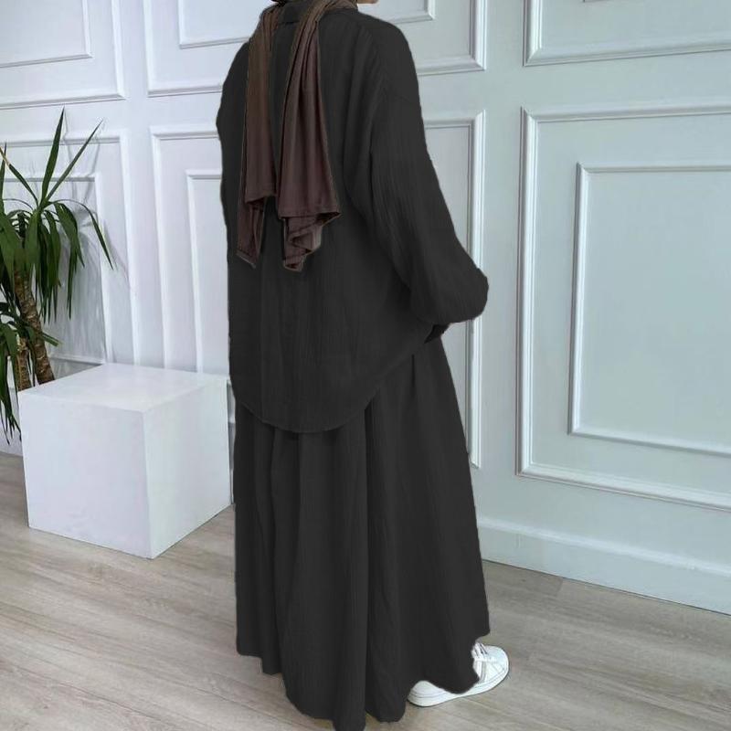 2 pezzi camicia a maniche lunghe + gonne Eid donne musulmane eleganti set Abaya Dubai Turchia islamico casual top tinta unita gonna moda