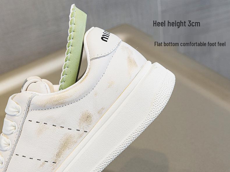 Women's Classic Genuine Leather White Sneakers - Retro Style, Thick Sole, Versatile Casual Skate Shoes