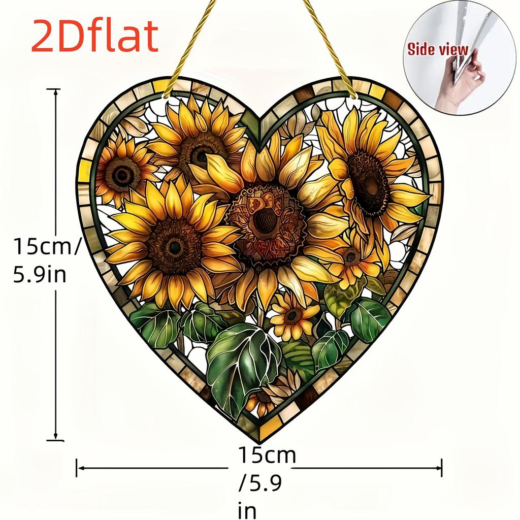 2D Flaches Dorfstil Sonnenblumen Herzförmiges Acryl Dekorationsschild Geeignet für Wanddekoration, Veranda, Zimmer, Villa, Akzente Zuhause, Flur, oder Arbeitsplatz