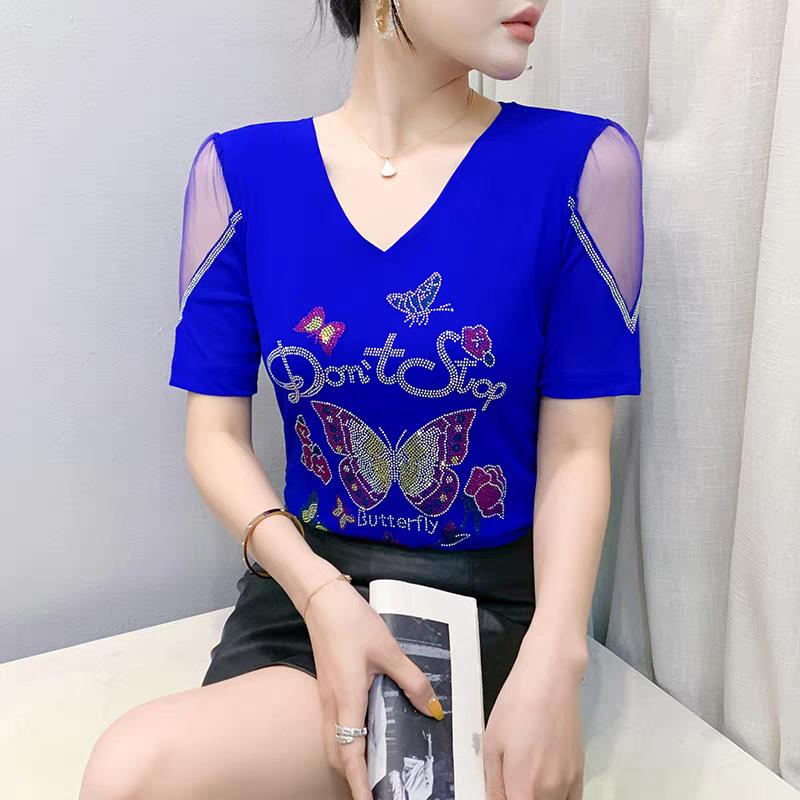 New European Women's Clothes Luxury Elegant T-Shirt Sexy Shiny Butterfly Hot Diamonds Mesh Top Tees Blouse