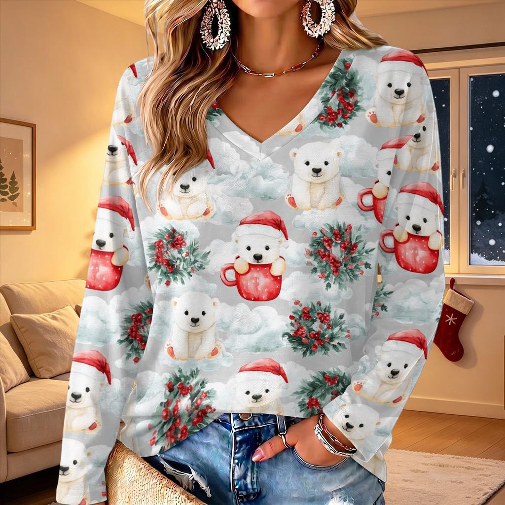 Women's V-Neck Long Sleeve Lightweight Top with Christmas Print for Spring and Summer