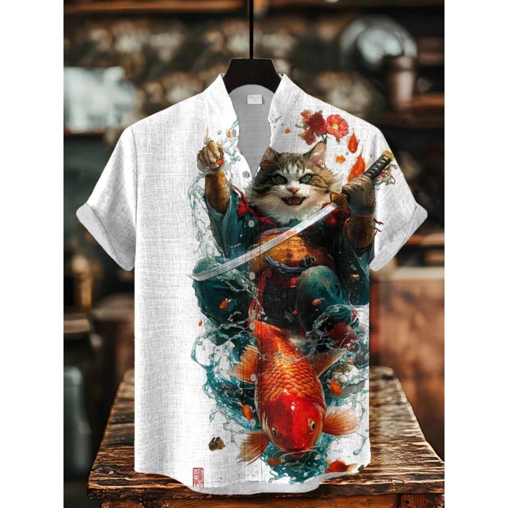 Camisa con Estampado de Pez de Arte Japonés, Nueva Camisa Cardigan de Verano de Manga Corta con Cuello Alto, Camisa Transpirable Casual de Calle para Hombre