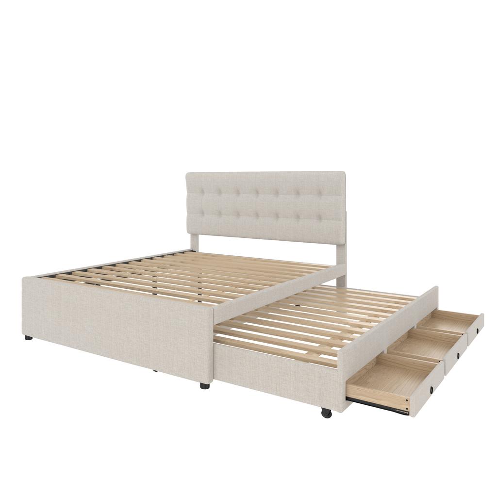 (=WX000502AAA) Polsterbett, 140x200cm, Doppelbett mit drei Schubladen, Ausziehbett, Verstellbares Kopfteil, Ohne Matratze, Beige