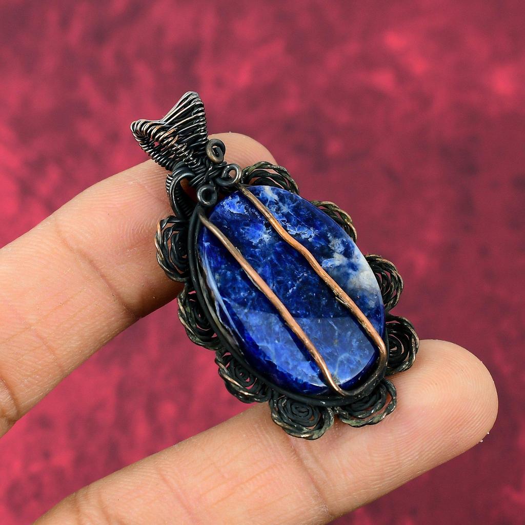 Sodalite Pendant Copper Wire Wrapped Pendant Handmade Gemstone Pendant Sodalite Copper Jewelry Birthstone Pendant For Gifts Flower Jewelry
