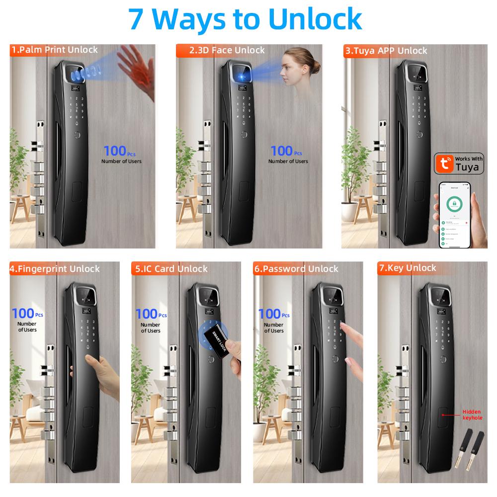 RAYKUBE Fechadura inteligente Tuya WiFi totalmente automática, intercomunicador de vídeo, desbloqueio remoto, reconhecimento facial