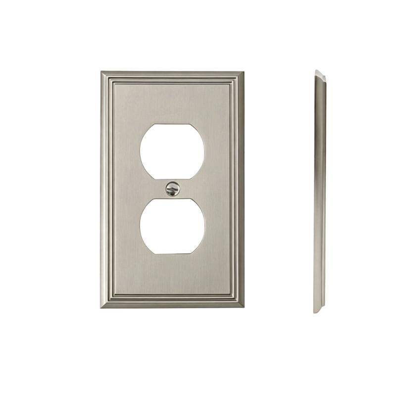 Electroplated Wall Outlet Cover Plate with Stepped Decorative Border for Indoor Wall Detail and a Unified Metal Finish