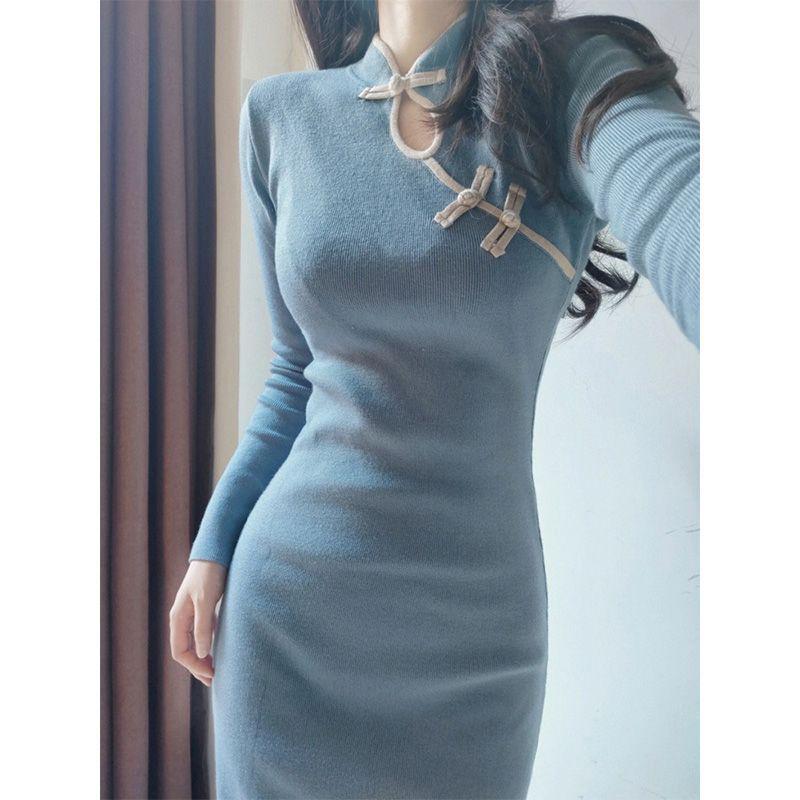 

Autumn Winter Blue Cheongsam: Retro Style Dress with Frog Buttons, Slim-Fit Waist-Cinching for Socialite Women XL синій