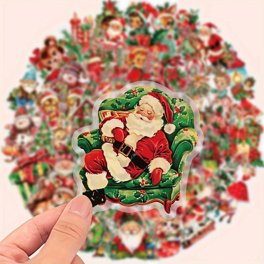 50pcs Retro Christmas Vinyl Stickers, Reusable for Laptops, Water Bottles, Suitcases, Helmets, Motorcycles,Guitars,Holiday Gifts