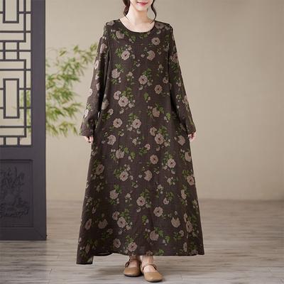 Herbstlich Literarisch Übergröße Locker Baumwolle Leinen Bedruckt Rundhals Langärmlig Kleid Damen Langer Rock Kleider