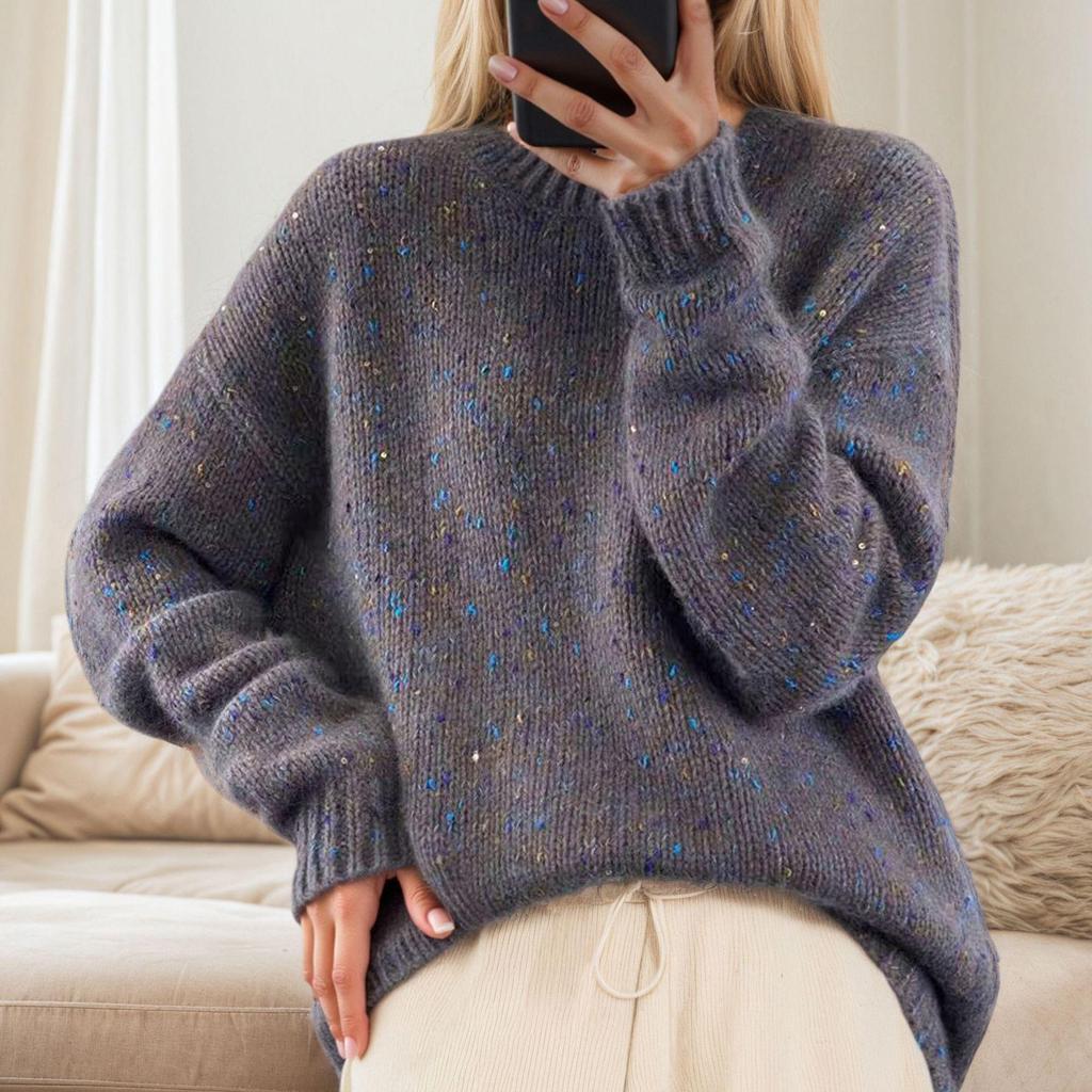 2025 Autumn/Winter Sequin Cable Knit Long Sleeve Pullover Sweater