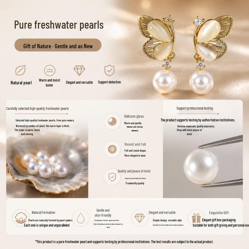 Butterfly Pearl Earrings: Elegant Zirconia-Inlaid Pendant for Women, Light Luxury & Versatile