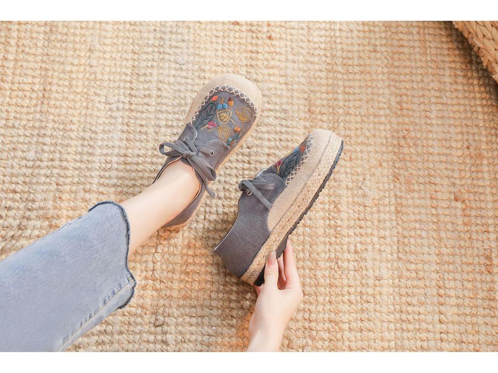 DX-23 Women's Autumn Linen Casual Shoes - Ethnic Embroidery, Lace-up Design