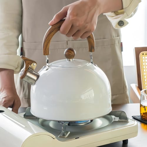 BDHD Whistling Kettle, Stainless Steel, Wide Mouth, Large Capacity, Easy To Clean, Compatible with Gas and Induction Heat Sources, Wood Grain Insulate