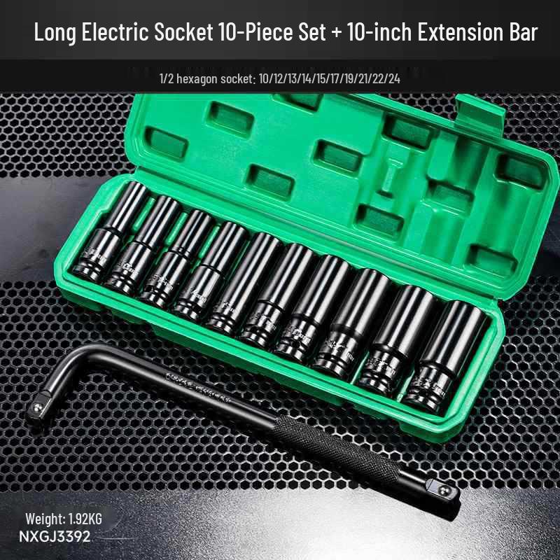 Extended Electric Socket Wrench Set with Large, Medium & Small Hexagonal Air Gun Heads for Auto Repair