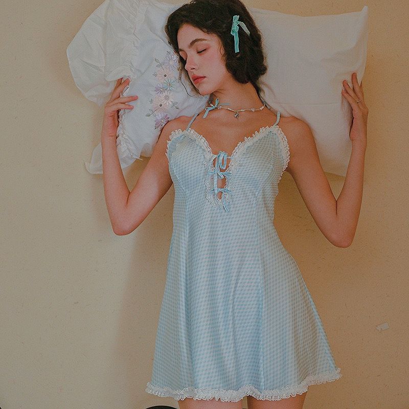 

[Blues Cradle] Sweet Girl Blue Plaid Sling Nightdress Lace Ribbon Chest Pad Loli Home Pajamas Spring and Autumn Cream Blue 165 (L)