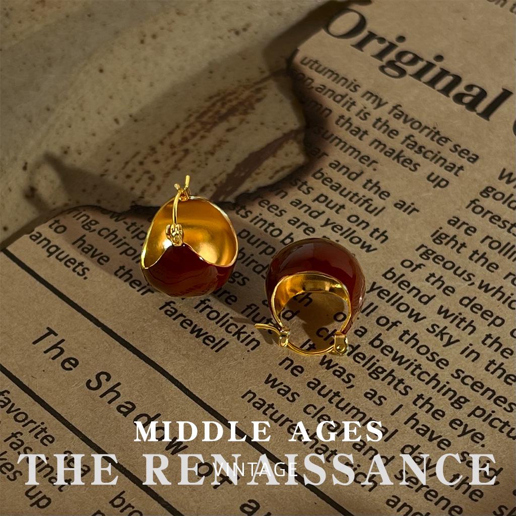 Vintage Burgundy Red Enamel Drop Earrings - Retro French Style Studs