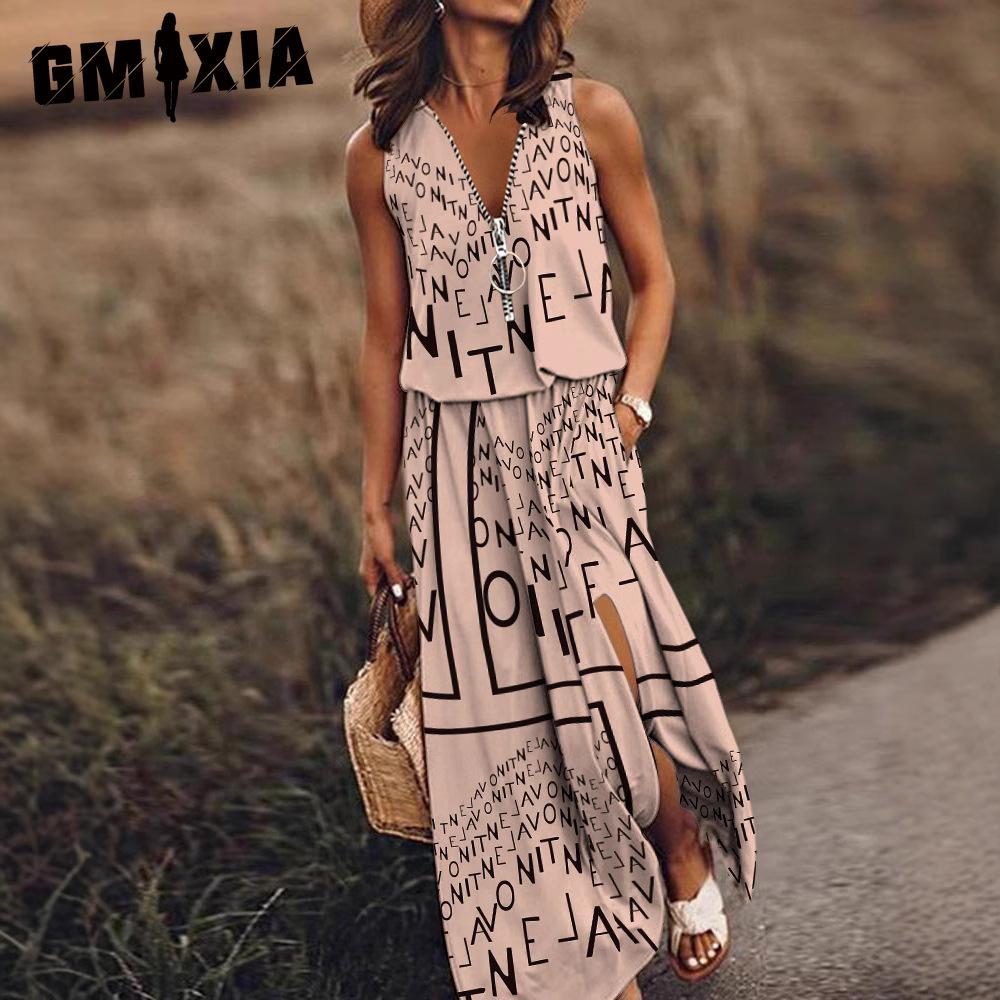 

GMXIA Летнее женское платье длинное без рукавов повседневное женское платье молния принт букв талия XL