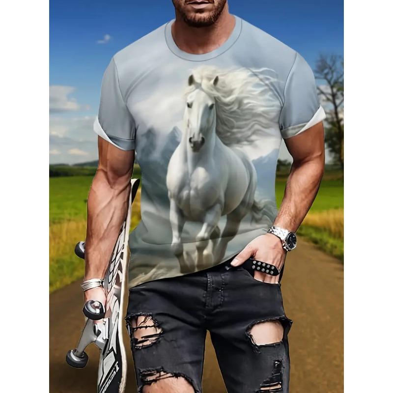 Men's 3D Printed White Horse Pattern T-shirt Humorous Digital Printed Short Sleeved T-shirt Breathable Polyester Round Neck Casual