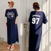 Vestito T-shirt Rotondo Larga Taglia con Fantasia Stampata, Modello Lungo, Camicia da Notte da Donna Stile Rilassato al Ginocchio