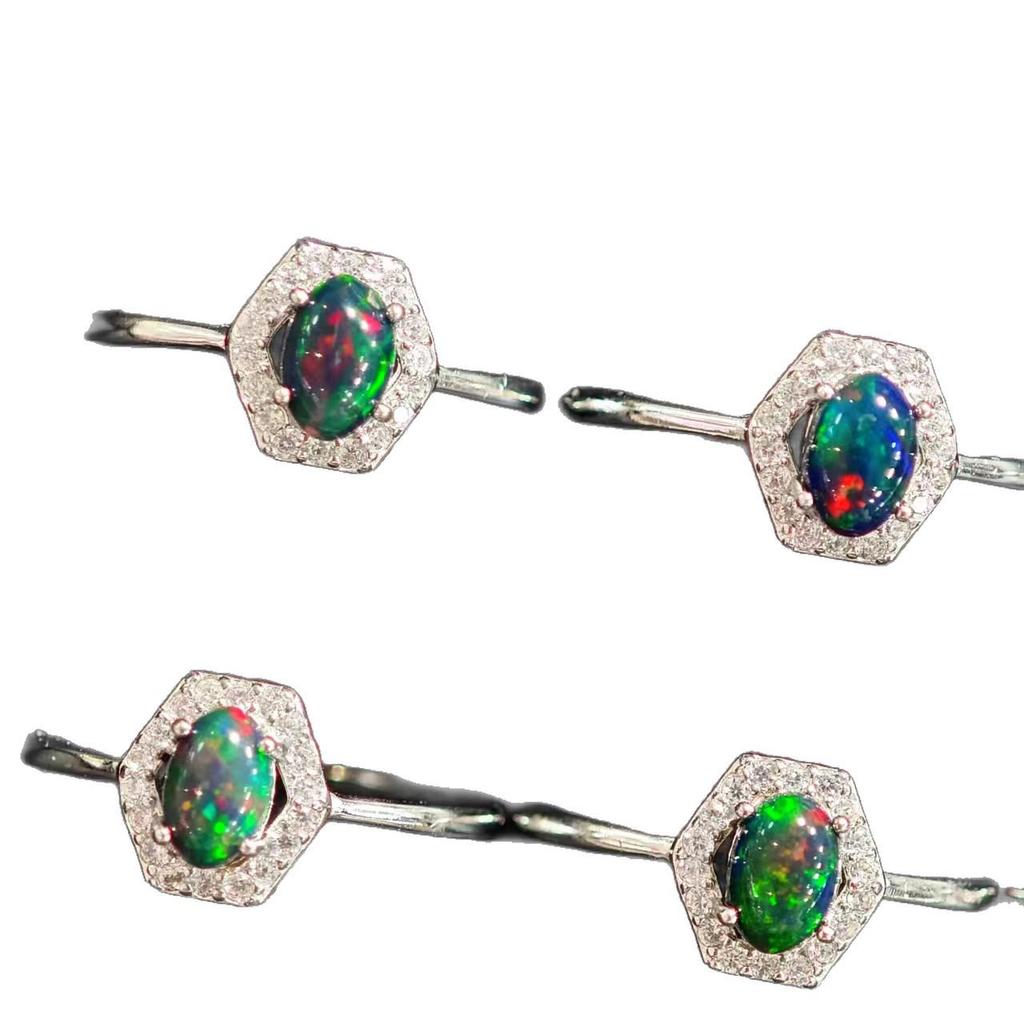 S925 Sterling Silver Hexagonal Black Opal Ring with Zirconia Accents - Bestseller Fire Opal Jewelry