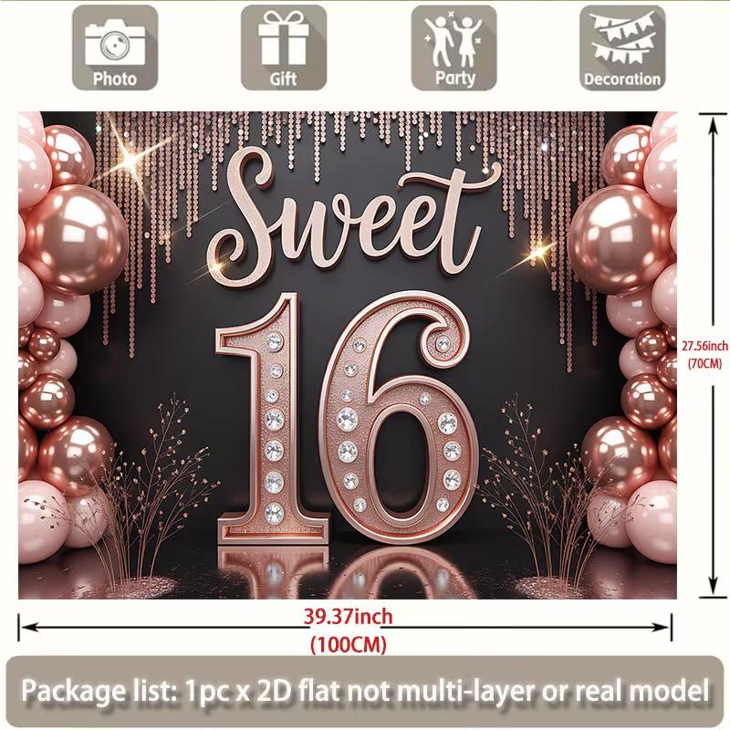 2D Sweet 16th Birthday Backdrop Rose Gold Balloon Party Background