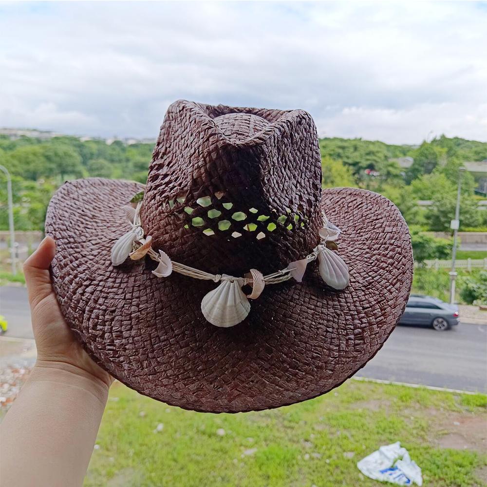 

Western summer straw hat unisex outdoor travel sun hat classic jazz straw hat church hat wide brim hat cowboy hat S56-58cm