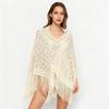 Versatile 140×140cm Lace Shawl Elegant Breathable Knitted Shawl Hollowed-out Design Tassel Shawl for Women