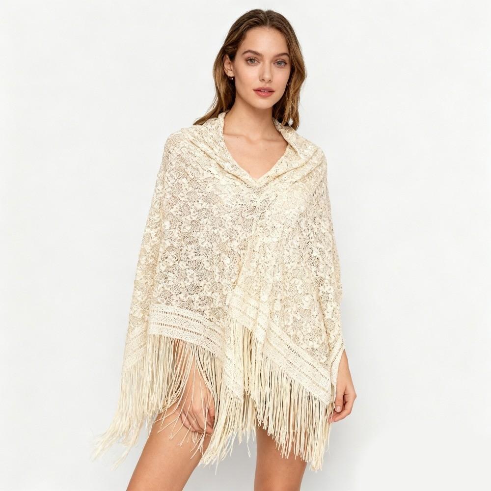Versatile 140×140cm Lace Shawl Elegant Breathable Knitted Shawl Hollowed-out Design Tassel Shawl for Women