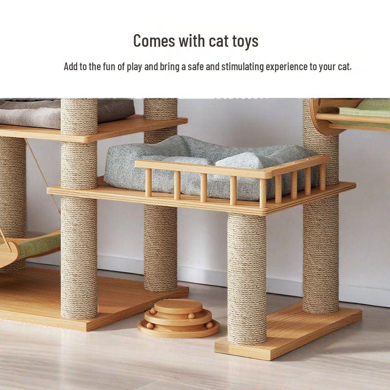 Large Solid Wood Cat Tree with Space Capsule, Plus Size Scratching Post & Board, Floor-to-Ceiling Multi-Season Toy, Wear-Resistant.