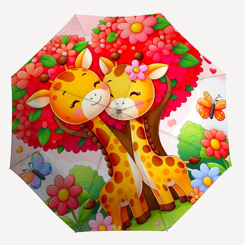 1pc Giraffe Love Automatic Open/Close Umbrella Compact Folding Umbrella with 8-Rib Shaft for Women/Men, Portable Travel Umbrella,1144S