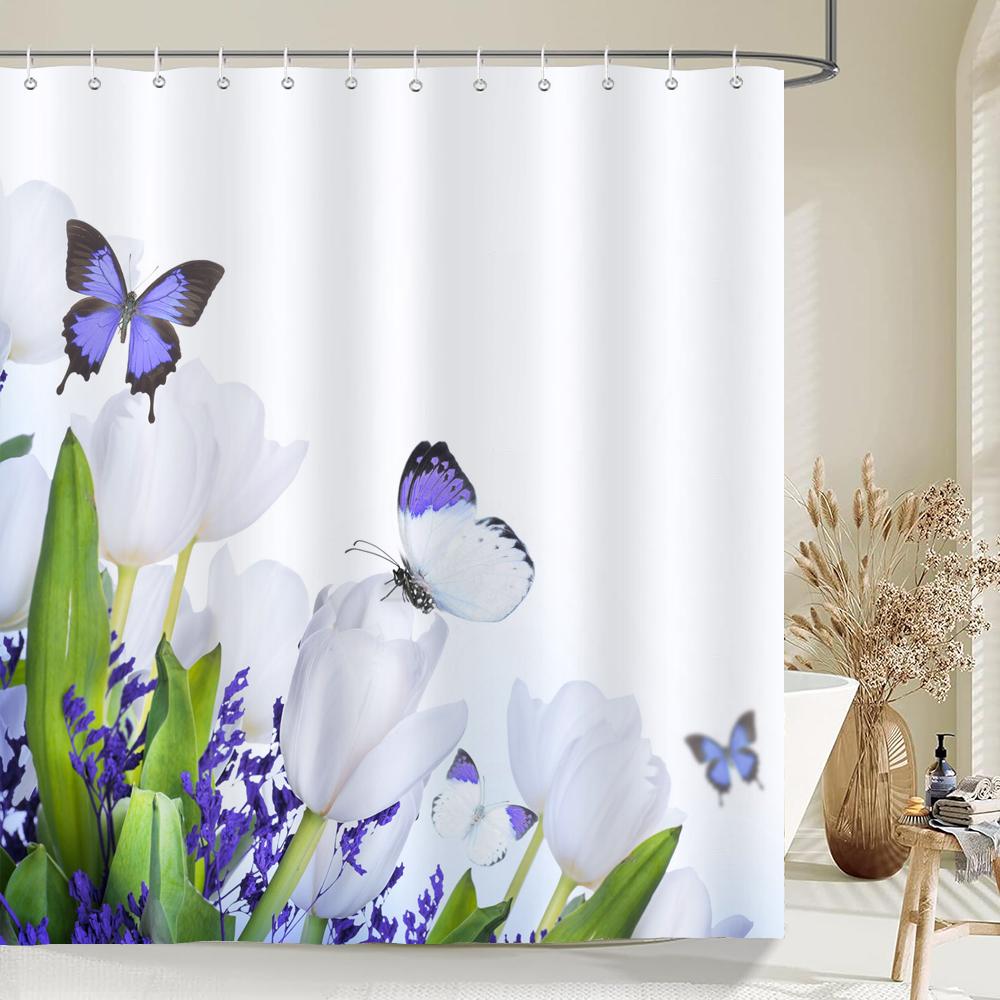Beautiful Tulip Rose Flowers Shower Curtain Bathroom Curtains Nature Flower Waterproof Polyeste Fabric Bathtub Decor With Hook