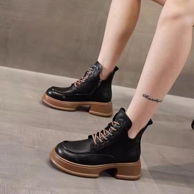 Runde Zehenpartie Plateau Schnürstiefeletten Leder Fleecegefütterte Knöchelstiefel für Damen Herbst Winter Trend 2025 Goth Frau Kurze Schuhe