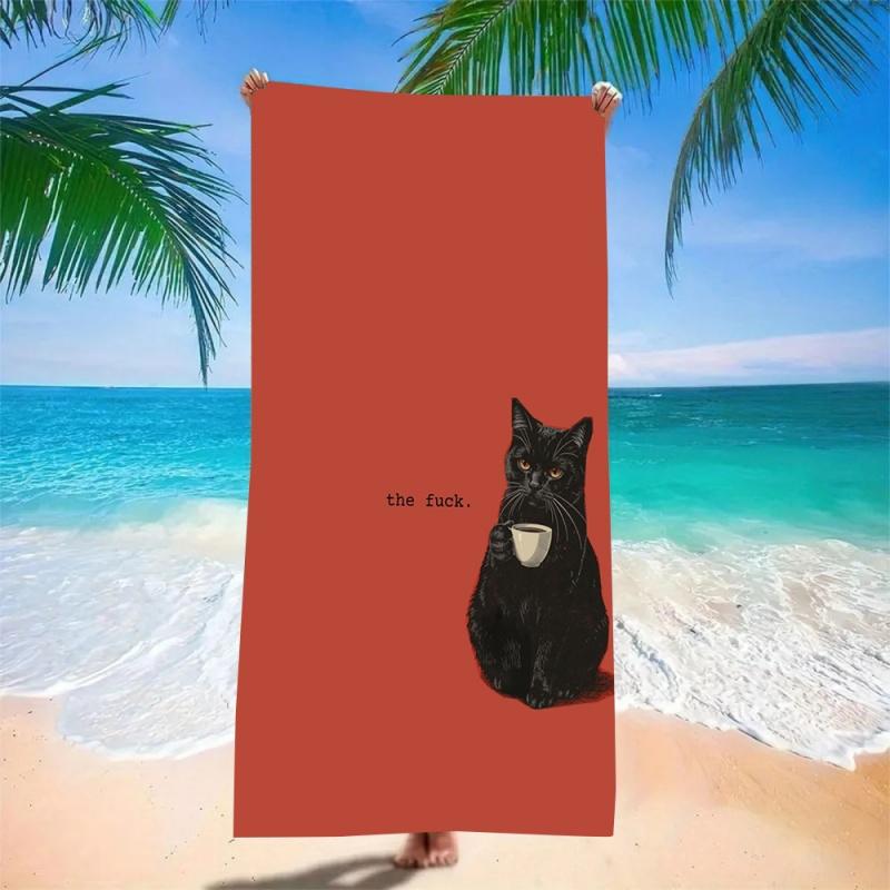Funny Black Cat Beach Towel Super Absorbent Quick Dry Microfiber Bath Blanket Retro Red Stripes for Picnic & Seaside Relaxation