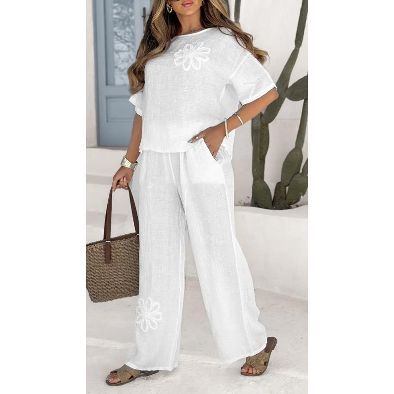 Damenmode Casual Sommer Frühling Blumenmuster Druck Kurzarm O-Ausschnitt Hosen Hosenanzüge