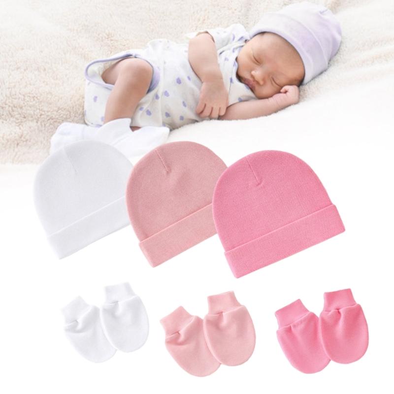 3 Set Baby Bonnet Hat Feature Foldable Cuff with Mittens Cotton Fabric Gentle On Skin Multiple Color Available