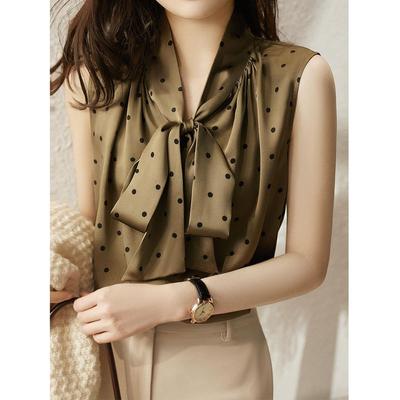 Elegante Vintage Schwarze Gepunktete Ärmellose Blusen Damen Sommerkleidung Pendler V-Ausschnitt Falten Schnürung Schleife Hemd Damen