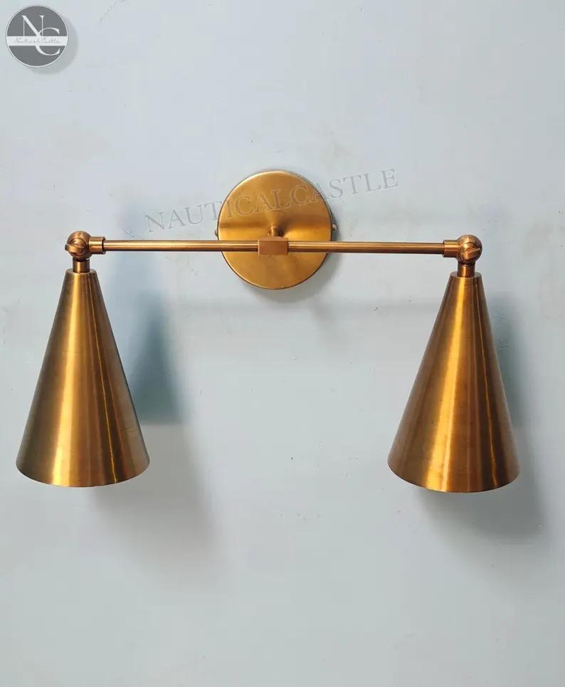 Handcrafted 1950s Mid Century Modern 2 Cone Raw Brass Finish Italian Wall Lamps Fixtures