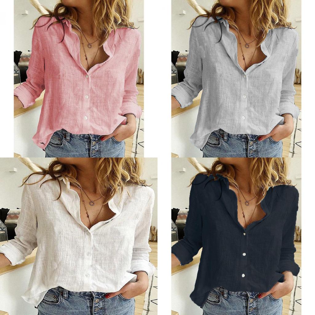 Cotton Linen Casual Long Sleeve Shirt For Women With Spliced Design And Loose Fit For Spring Season