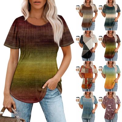 Women's Fashionable Casual Pleated Round Neck Printed Short Sleeved T-shirt Top