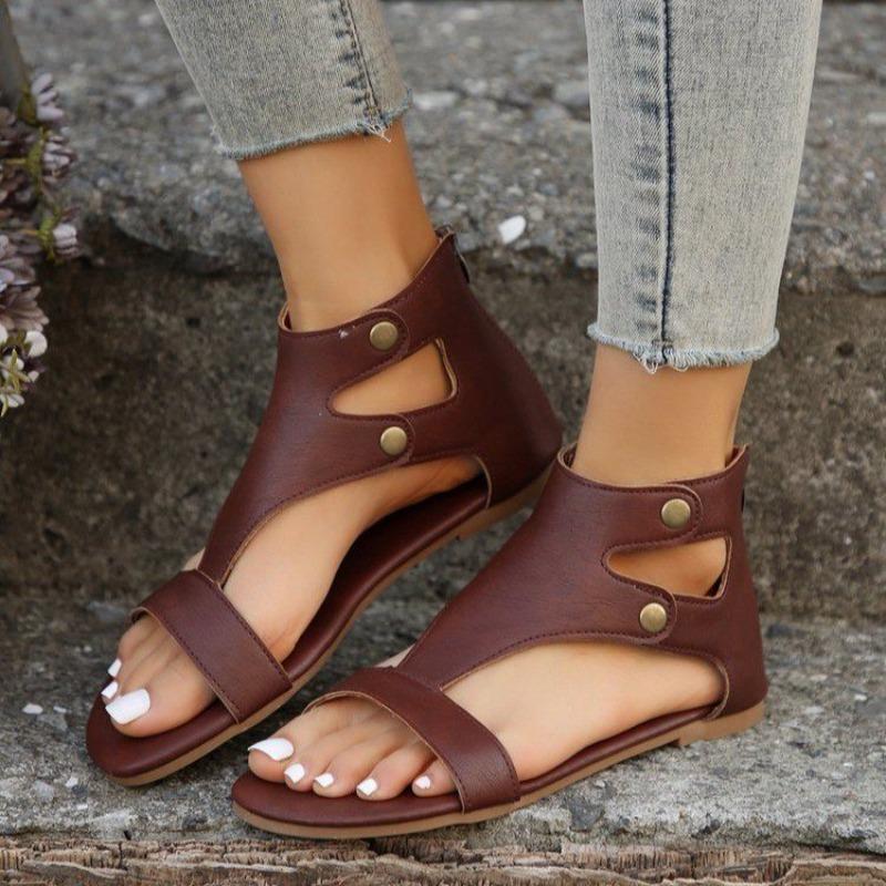 Hollowed-out Shoes with Toe Exposed and Zipped Flat Sandals for Women, Large-sized Retro Sandals