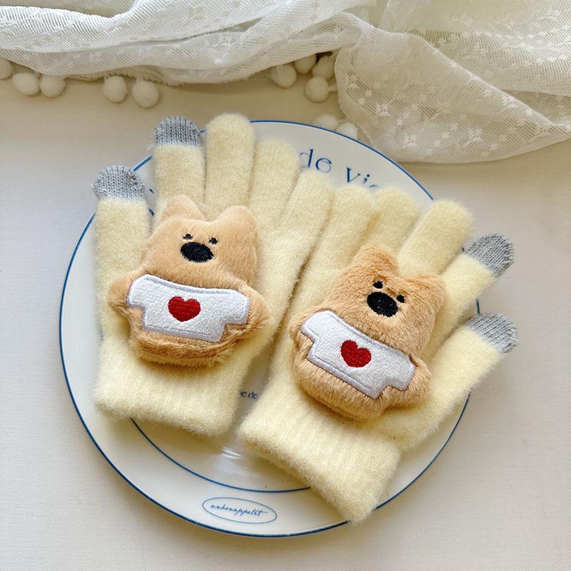 New Bear Children's Gloves Cute Cartoon High Value Warm and Cold-proof Finger Gloves Baby Plush Gloves