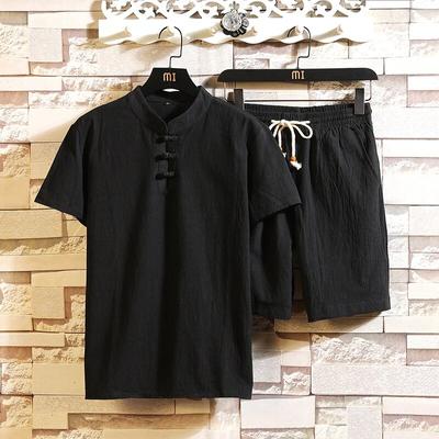 Men's Plus Size Casual Suit Cotton Linen Short Sleeve T-Shirt + Shorts Two Piece Set