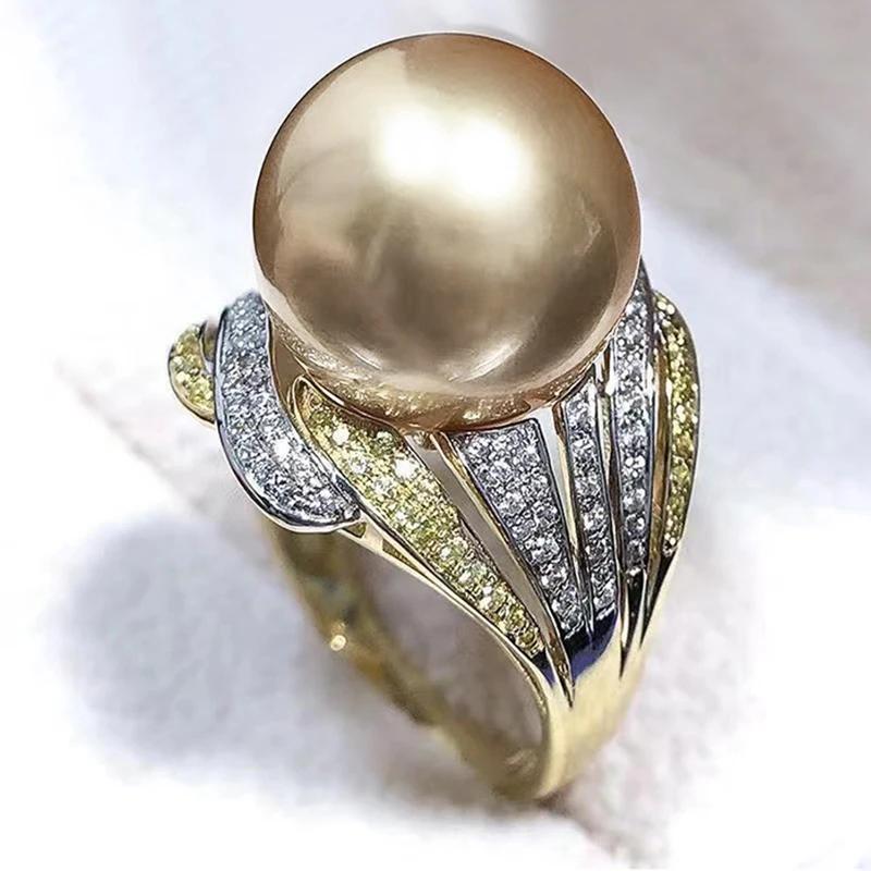 Gorgeous Champagne Imitation Pearl Rings for Women Two Tone Full CZ Luxury Trendy Wedding Engagement Jewelry New Arrival