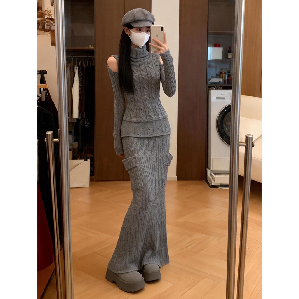Design sense lazy style gray turtleneck off-the-shoulder sleeve knitted sweater women's spring and autumn slim and thin skirt two-piece set