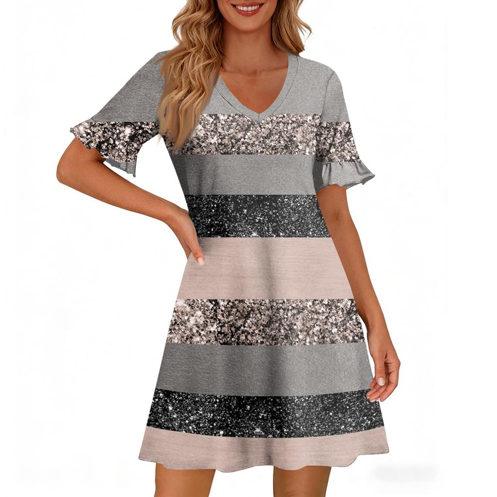 Women A Line Sun Dress Short Sleeve V Neck Printed Dress With Pockets