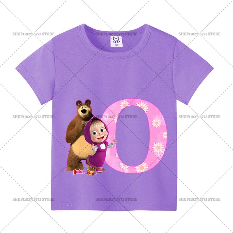 Mashas and The Bear Summer T-shirt Girl Children Tops Cute Cartoon Letters A-Z Print Clothing Short Sleeve Kids Casual Clothes
