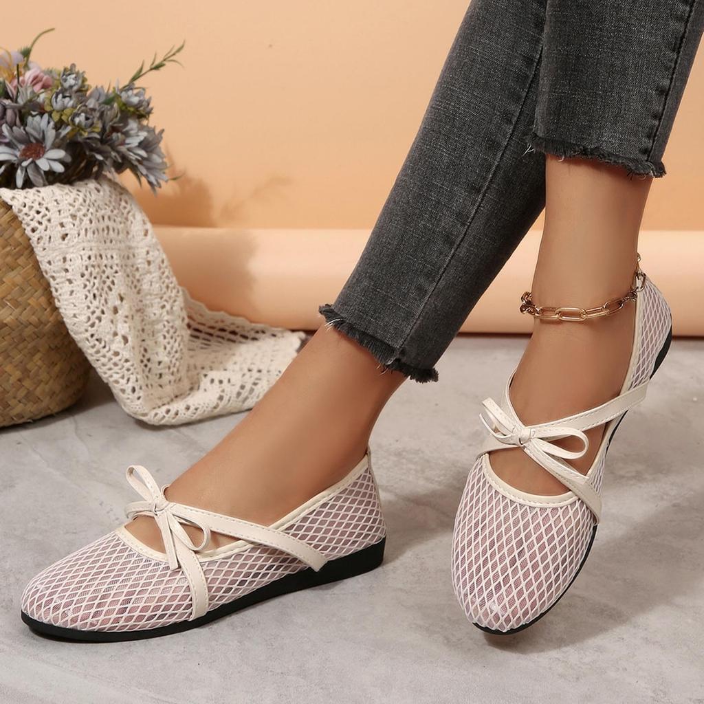 Women Mesh Hollow Out Breathable Flat Shoes Bow Tie Slip On Lightweight Casual Comfort Summer Sandals for Daily Wear