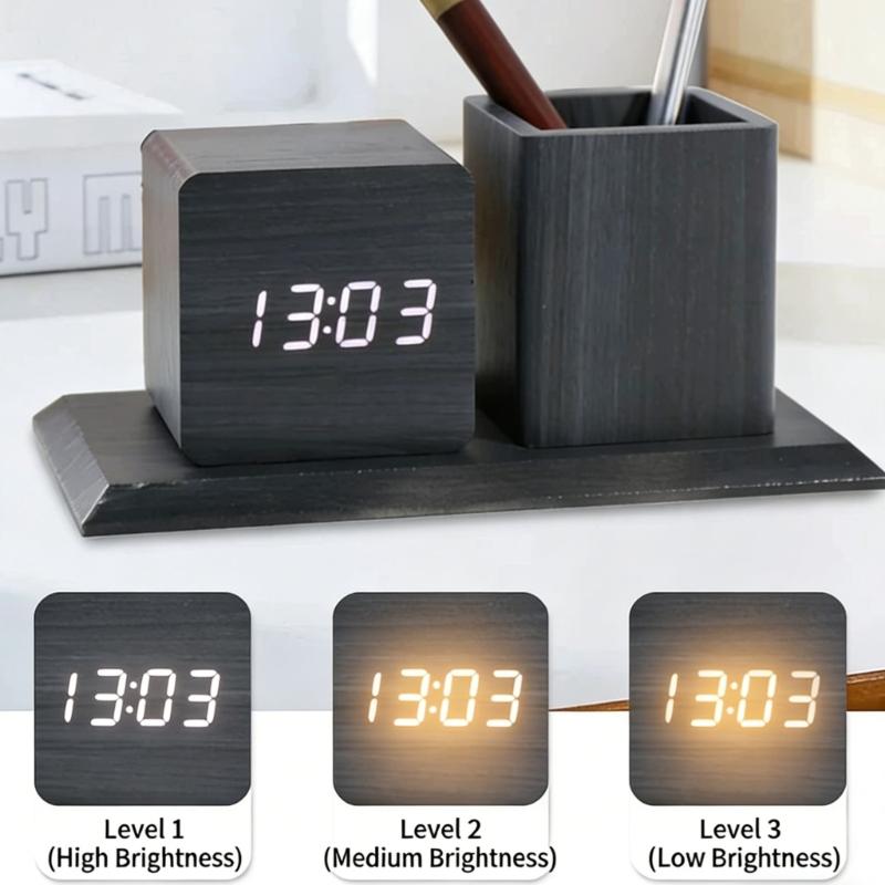 Creative Wooden Desk Item Combines Digital Alarm Clock With Pen Storage Section faint Setting And Three Alarm picks